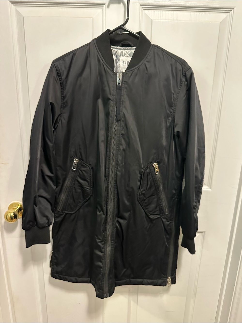 GAP Black Long Bomber Coat with Zip Pockets
